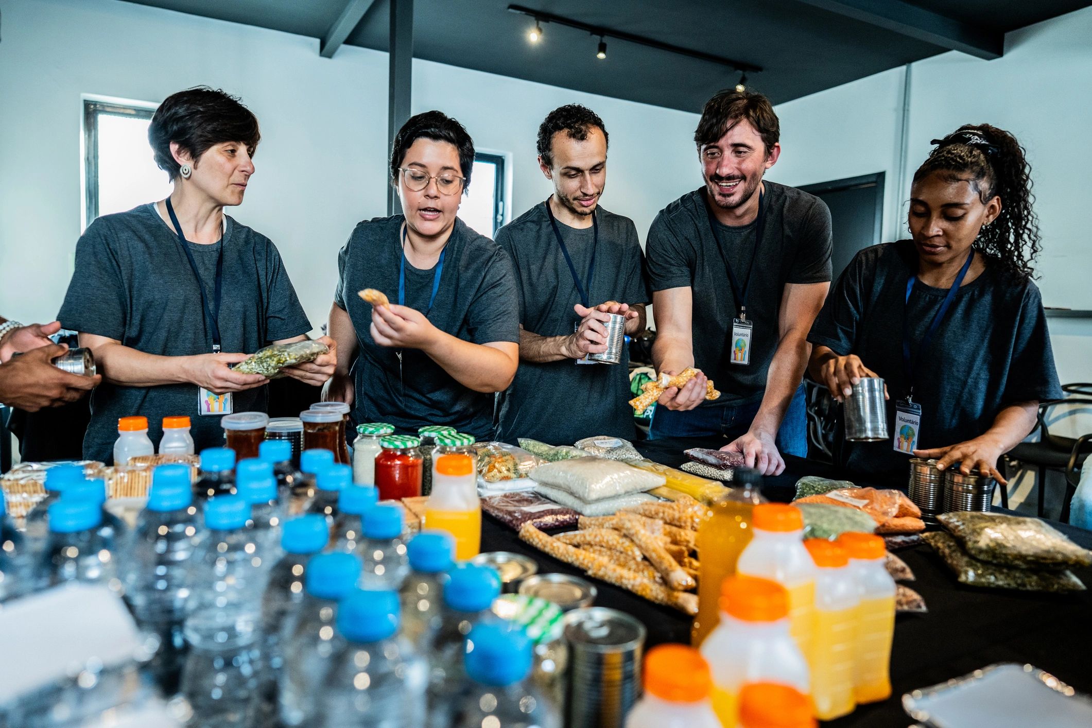Team collaborating during a workplace lunch service